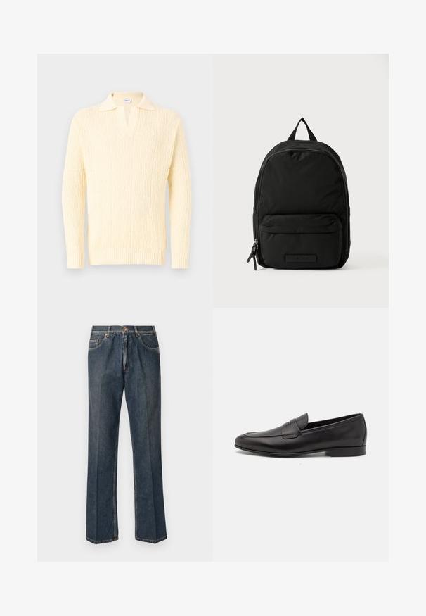 Maglione color crema con un motivo a maglia texturizzato, un profondo scollo a V e un design con colletto. Le maniche a coste e l'orlo accentuano lo stile.; Jeans in denim blu scuro a gamba dritta con bottone frontale, zip, doppie tasche anteriori e pieghe verticali visibili lungo le gambe.; Mocassino da uomo in pelle nera con tacco basso e design classico a striscia, mostrato in profilo laterale su sfondo bianco.; Zaino in nylon nero con forma arrotondata, scomparti con zip, tasca frontale e manico superiore. Presenta un branding minimale sul fronte.