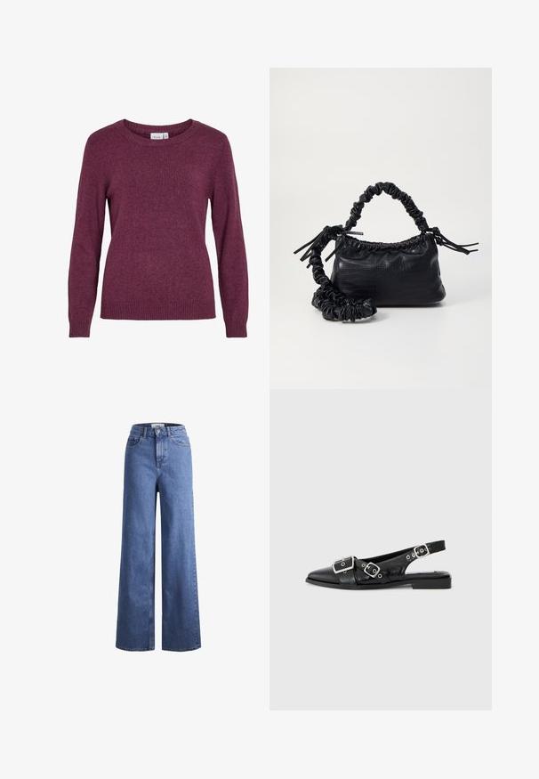 Suéter de malha bordeaux com decote arredondado, mangas longas, punhos e barra canelados. Textura suave com um aspeto sutilmente mesclado.; Jeans de ganga azul claro, de perna larga e cintura alta, com dois bolsos frontais e costuras visíveis. Apresenta um fecho de botão e zíper.; Sapato slingback preto em couro com bico pontiagudo, duas fivelas prateadas e um salto baixo em bloco. Apresenta um cabedal texturizado e parte de trás aberta.; Bolsa de mão em couro sintético preto com textura de crocodilo, topo franzido e alça enrugada. Apresenta um design suave e compacto.