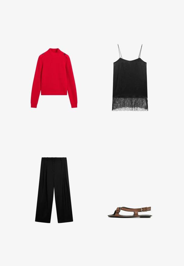 Pull en maille côtelée rouge avec un col montant, des boutons sur le côté et des manches longues à poignets ajustés. Design court.; Camisole noire à fines bretelles, présentant un tissu texturé et un détail de finition en dentelle sur l'ourlet. Fini lisse sur le haut, motif en dentelle complexe sur le bas.; Massimo Dutti DARTED - Pantalon classique - black; Sandale en cuir brun avec un bout ouvert et des découpes sur les côtés. Présente une sangle de cheville avec une boucle en métal et une semelle plate.