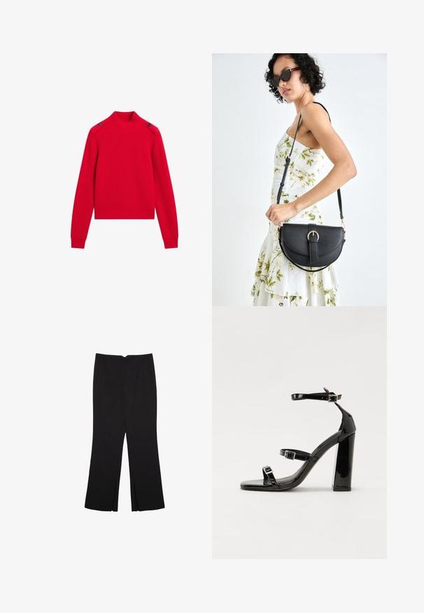 Roter gerippter Strickpullover mit hohem Kragen, seitlichen Knöpfen und langen Ärmeln mit enganliegenden Bündchen. Kurz geschnittenes Design.; Schwarze Hose mit geradem Schnitt, ausgestattet mit Fronttaschen und Seitenschlitzen am Saum. Hergestellt aus weichem, glattem Stoff. Geeignet für verschiedene Anlässe.; Schwarze patentierte Sandalen mit Absatz, quadratischer Spitze, Knöchelriemen und silbernen Schnallen. Mit einem stabilen Blockabsatz für mehr Stabilität.; Schwarze Lederhandtasche mit geschwungener Form, abnehmbarem Tragegurt und goldenen Beschlägen. Die Tasche verfügt über einen Deckel mit einer Schnallen-Details.