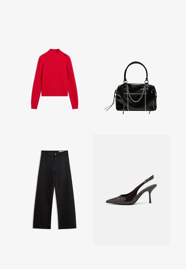 Rød ribstrikket sweater med høj hals, sidelukninger og lange ærmer med tætsiddende manchetter. Korte design.; Sorte wide-leg denim bukser med høj talje, der har front- og baglommer, syede sømme og en knaplukning. Glat tekstur.; Slingback højhælet sko i glat mørkebrun patenteret læder, spids tå, åbne sider og justerbar ankelrem.; Bershka WITH CHAIN - Håndtasker - black