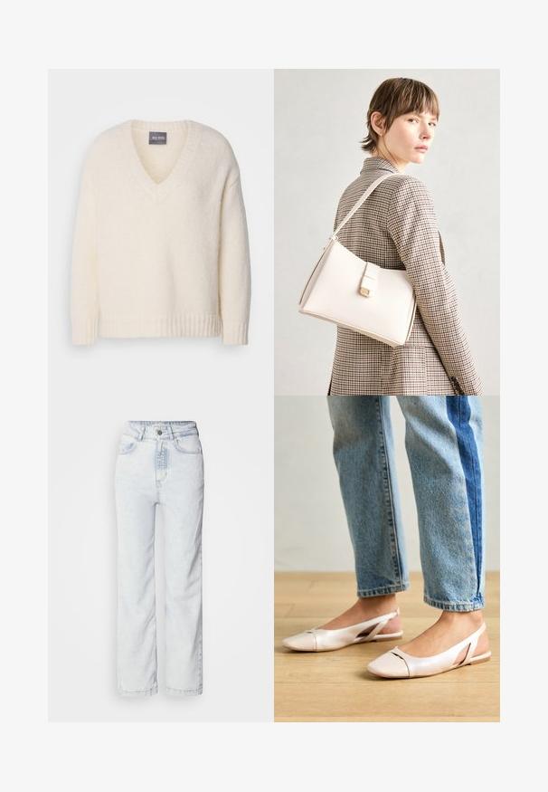 Suéter de cuello en V color crema, hecho de un material suave y texturizado. Presenta puños y dobladillo acanalados. La etiqueta dice "Mos Mosh" en el escote.; Jeans de tiro alto azul claro con un corte recto, fabricados en denim. Cuenta con una cierre de botón, diseño de cinco bolsillos y una sutil textura descolorida.; Bailarinas de color rosa pálido con tiras traseras y punta puntiaguda, fabricadas con un material similar al cuero suave. Presentan detalles recortados en los laterales y un tacón plano.; Bolso de mano de cuero blanco con un diseño estructurado, que presenta un cierre magnético y una correa para el hombro, exhibido sobre un fondo neutro.