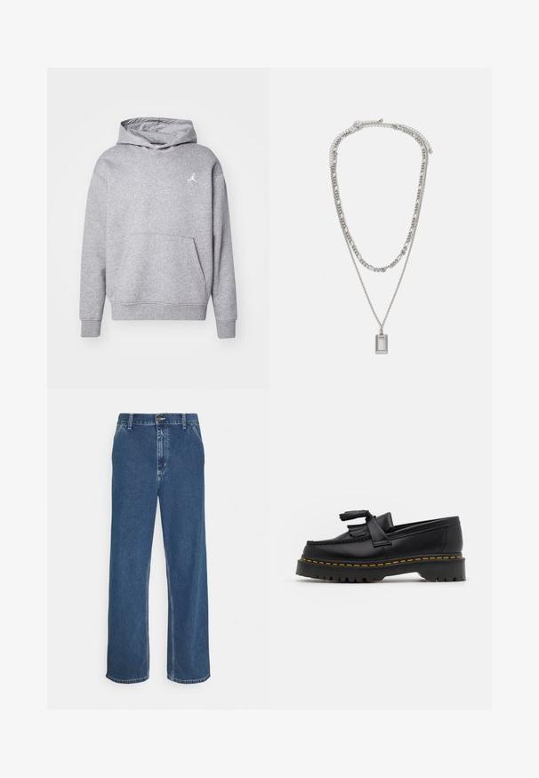 Siva kapuca iz mehkega bombažnega materiala, z kengurujskim žepom, rebrastimi manšetami in majhnim belim logotipom na prsih. Preprost dizajn.; Modre džins hlače s ravnim krojem, zasnovo petih žepov, s kovinsko zaponko in vidno šivom vzdolž šivov in roba.; Črne usnjene loafersice s kaširanim naglasom, z debelim črnim podplatom in rumenim šivom ob robu. Teksturirana površina.; Srebrna ogrlica z dvema plastema verige; vsebuje pravokotni obesek z gladko površino, ki prikazuje polirano kovinsko obdelavo.