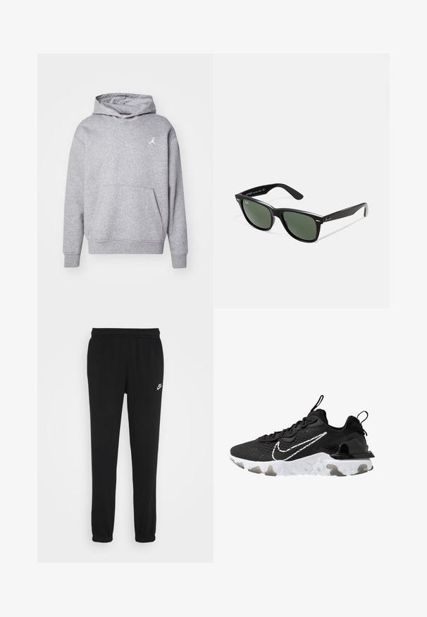 Hoodie cinza feito de uma mistura suave de algodão, com um bolso canguru, punhos canelados e um pequeno logotipo branco no peito. Design simples.; Calças de fato de treino pretas com um cinto elástico, pernas ajustadas e um pequeno logótipo da Nike em branco no lado esquerdo. Feitas de um tecido macio texturizado.; Sapatilha atlética preta com um cabedal de tecido texturizado, swoosh branco da Nike e sola branca espessa. Apresenta uma alça no calcanhar para facilitar o calçar.; Óculos de sol de plástico preto com lentes verdes, armações quadradas, detalhe prateado na sobrancelha e hastes texturizadas. Marca indicada na parte interna da haste.