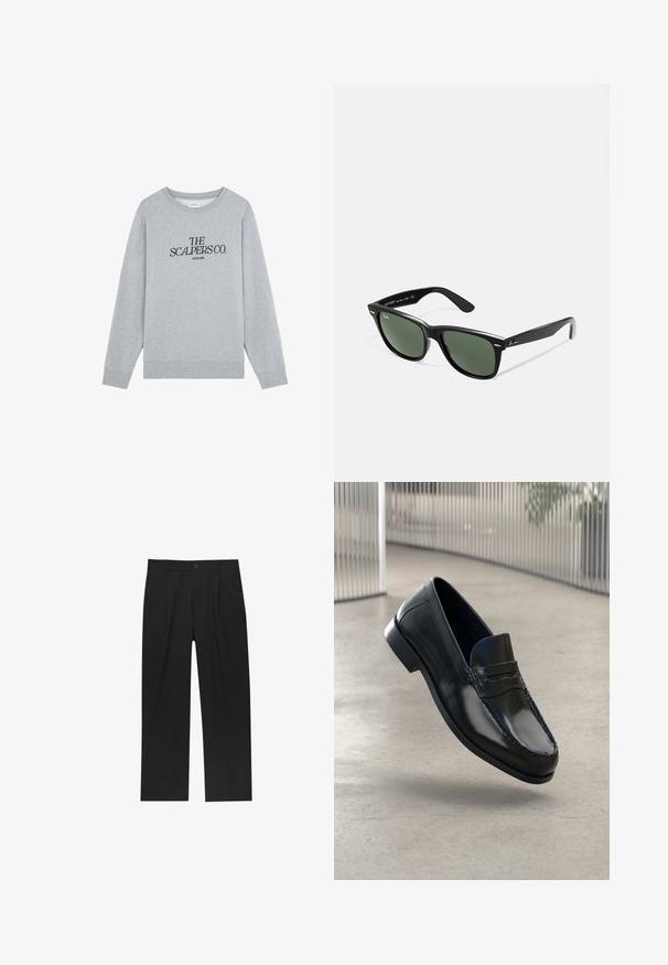 Grauer Baumwollpullover mit Rundhalsausschnitt, langen Ärmeln und gerippten Bündchen. Mit schwarzem Text: "THE SCALPERS CO. ATELIER."; Schwarze Hose mit geradem Schnitt, aus einem glatten Stoff gefertigt. Verfügt über Vorderfalten und einen einzelnen Knopfverschluss an der Taille.; Schwarze Leder-Loafer mit glatter Oberfläche, abgerundeter Spitze, dekorativen Nähten und leicht erhöhtem Absatz.; Schwarze Plastiksonnenbrille mit grünen Gläsern, quadratischen Rahmen, silbernem Akzent auf der Augenbraue und strukturierten Bügeln. Angegebene Marke auf dem inneren Bügel.