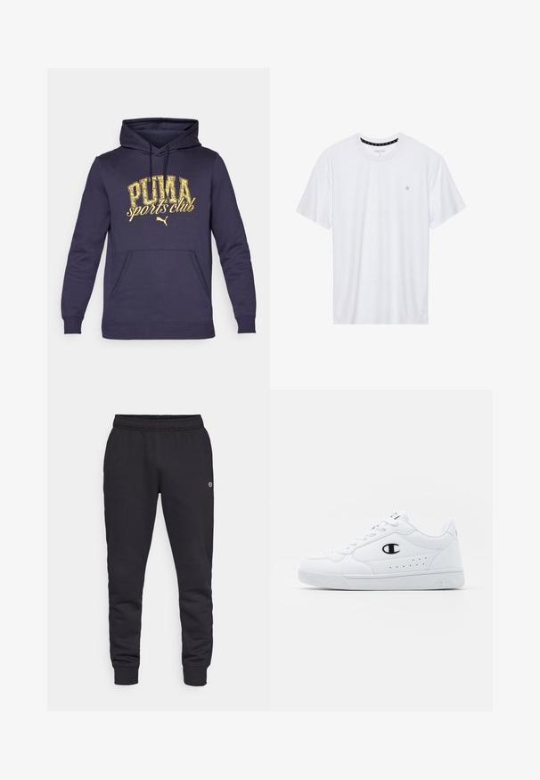 Dunkelblaue Kapuzenjacke aus Baumwollmischung, mit einer vorderen Kängurutasche und einem gelben, abgenutzten Druck, der "PUMA Sports Club" liest.; Weißes Crewneck-T-Shirt aus Baumwolle, mit kurzen Ärmeln und einem kleinen, auf der linken Brustseite gestickten Logo. Weiche Textur.; Schwarze Baumwoll-Sweatpants mit einem elastischen Bund und Bündchen. Mit Logo-Detail an der Seite. Glatte Textur, taillierter Schnitt.; Weißes sportliches Sneakerpaar mit glattem, synthetischen Obermaterial, schwarzem Logo-Akzent und perforierten Details an der Seite. Gummisohle.