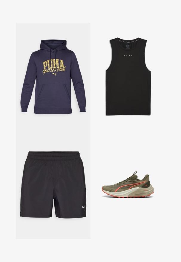 Marineblå hættetrøje lavet af bomuldsblanding, med en frontlomme og et gult slidt tryk, der står "PUMA sports club."; Sort ærmeløs sports tanktop lavet af glat stof. Har PUMA-logo i hvid, rund hals og meshed sideskærme for åndbarhed.; Sorte træningsshorts med elastisk talje, lavet af letvægtsmateriale, med et lille hvidt logo på den nederste side.; Olivengrøn løbesko med en tekstureret overdel, koralfarvede accenter og en tyk hvid mellemsål. Udstyret med en holdbar gummisål for godt greb.