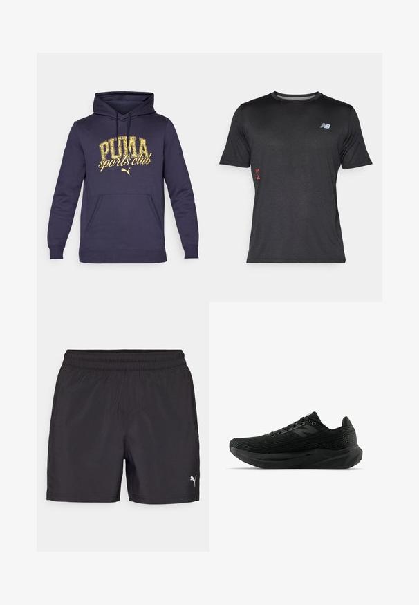 Dunkelblaue Kapuzenjacke aus Baumwollmischung, mit einer vorderen Kängurutasche und einem gelben, abgenutzten Druck, der "PUMA Sports Club" liest.; New Balance ATHLETICS GRAPHIC - Sport T-Shirt - black; Schwarze Sportshorts mit elastischem Bund, aus leichtem Material gefertigt, mit einem kleinen weißen Logo an der unteren Seite.; Schwarzer Sportschuh mit strukturiertem Obermaterial, sportlichem Design, Schnürverschluss und einer dickeren profilierte Sohle für besseren Halt.