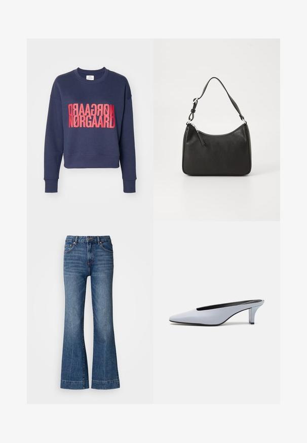 Tengerészeti cropped pulóver hosszú ujjal, amelyen merész, függőleges vörös felirat olvasható elöl: "Nørgaard".; Sötétkék, bővülő fazonú farmernadrág. Öt zsebet, övhurkokat és narancssárga varrást tartalmaz. Simább textúrájú, klasszikus illeszkedésű dizájnjával.; Világoskék patent bőr mules, hegyes orral, alacsony átlátszó sarokkal, és egy letisztult dizájnnal, amelynek a vampjén kivágás található.; Fekete bőrtáska ívelt formával, egyetlen pánttal, cipzáras záródással és diszkrét logóval az elején. Simább textúra, minimalista dizájn.