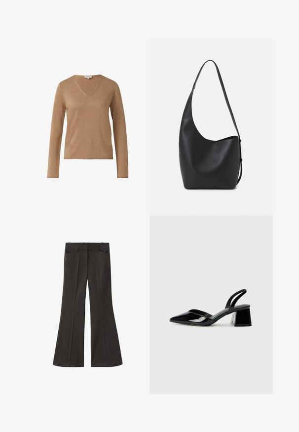 Maglione a maniche lunghe color marrone chiaro con scollo a V, realizzato in un semplice tessuto a maglia, con un piccolo etichetta del marchio all'altezza del collo.; Pantaloni neri a zampa d'elefante con vita alta; presentano due tasche frontali e una texture del tessuto liscia. Adatti per varie occasioni.; Décolleté in vernice nera con punta affusolata e tacco in geometria cubica. Presentano un design elegante e minimalista, con una texture liscia.; Borsa hobo nera in pelle con una superficie liscia, forma curvata e una singola tracolla regolabile; presenta un'ampia apertura nella parte superiore.
