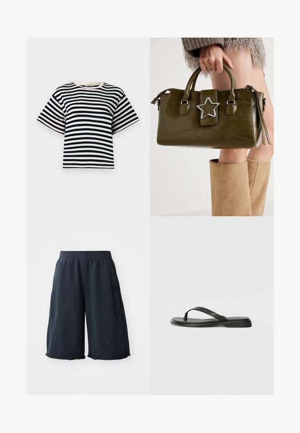 Pruhované tričko s námořnickými modrými a bílými vodorovnými pruhy, krátkými rukávy, kulatým výstřihem a volným střihem. Vyrobeno z jemné bavlněné tkaniny.; Černé sportovní šortky vyrobené z měkké tkaniny, s elastickým pasem a nášivkou loga na boku. Hladká textura, uvolněný střih.; Černé žabky vyrobené z hladké kůže, s tenkým designem popruhu a plochou podrážkou s minimálním profilem. Žádné výrazné vzory ani akcenty.; Olivově zelená kabelka z imitace kůže se stříbrnou hvězdou, dvojitými rukojeťmi a zipovým uzávěrem. Texturovaný povrch a strukturovaný tvar.