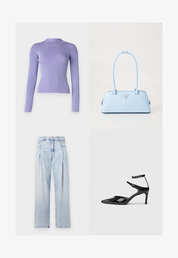 KARL LAGERFELD Džemperis - sweet lavender/deep purple; Šviesiai mėlyni džinsai su aukštu liemeniu, plačiomis kojomis, dviem šoninėmis kišenėmis ir raukinių dizainu. Minkšta tekstūra su nudilusia apdaila.; Juodos lakinės odos aukštakulnės su smailiu koja, reguliuojamais kulkšnies dirželiais ir lieknu kulnu. Lygus paviršius su blizgiu apdaila.; Šviesiai mėlyna rankinė su struktūriška forma, lygaus odos paviršiaus, dviem rankenomis ir trikampiu prekės ženklo logotipu priekyje. Užtraukiama uždanga.