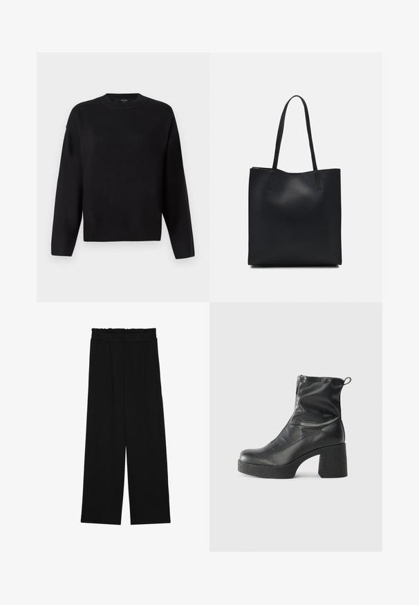 Juodas megztinis su apvaliu iškirpimu, nuleistomis petnešomis ir raštuotais rankogaliais. Lygus paviršius ir laisvas, dėžutės tipo siluetas.; Juodi platūs kelnes su volaniniu juosmeniu, turinčiu dvi šonines kišenes ir glotnią, lengvą medžiagą. Nėra matomų raštų ar detalių.; Juodos kulkšninių botai, pagaminti iš lygaus odos, su šoniniu užtrauktuku, masyviu tekstūruotu kulnu ir apvaliu pirštu.; Juodas odinis tote krepšys su lygia tekstūra, stačiakampio formos ir dviem ilgais rankenomis. Matomų metalinių detalių ar puošybos nėra.