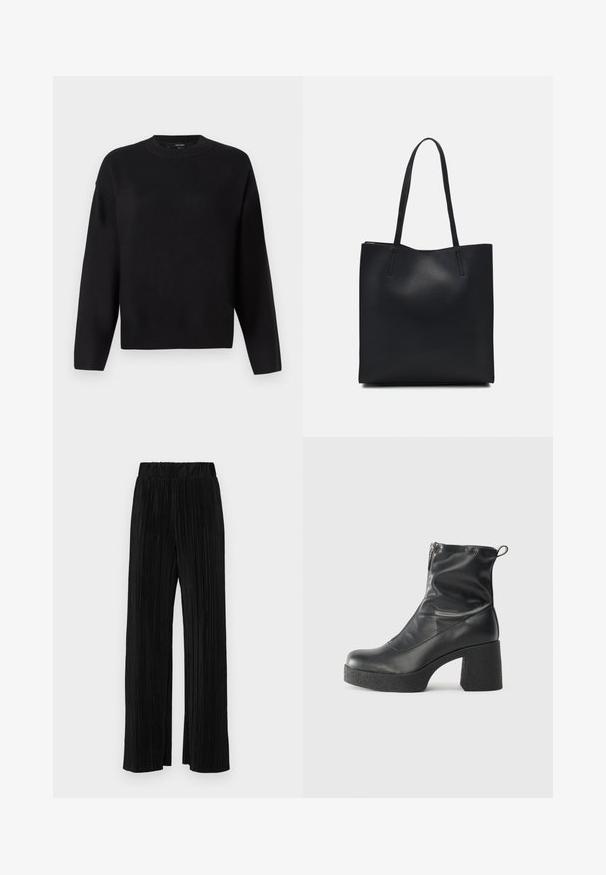 Črn pleten pulover z okroglo izrezom, spuščeno ramo in rebrastimi manšetami. Gladka tekstura in sproščen, kvadratast kroj.; Črne plisirane hlače z elastičnim pasom. Imajo široke noge in gladko, teksturirano tkanino z navpičnimi črtami.; Črne gležnjarje iz gladke kože z božnim zadrgo, masivnim teksturiranim peto in zaobljeno obliko prstov.; Črna usnjena torba s svilnato teksturo, pravokotne oblike in dvema dolgima ročajema. Brez vidnih metalnih delov ali okrasnih elementov.