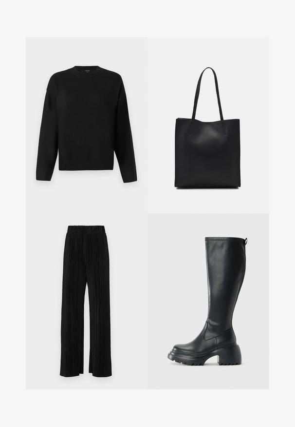 Črn pleten pulover z okroglo izrezom, spuščeno ramo in rebrastimi manšetami. Gladka tekstura in sproščen, kvadratast kroj.; Črne plisirane hlače z elastičnim pasom. Imajo široke noge in gladko, teksturirano tkanino z navpičnimi črtami.; Visoka črna usnjena škornja s debelim podplatnim solejem in blok peto, opremljena s potegom in strukturiranim profilom na podplatu.; Črna usnjena torba s svilnato teksturo, pravokotne oblike in dvema dolgima ročajema. Brez vidnih metalnih delov ali okrasnih elementov.