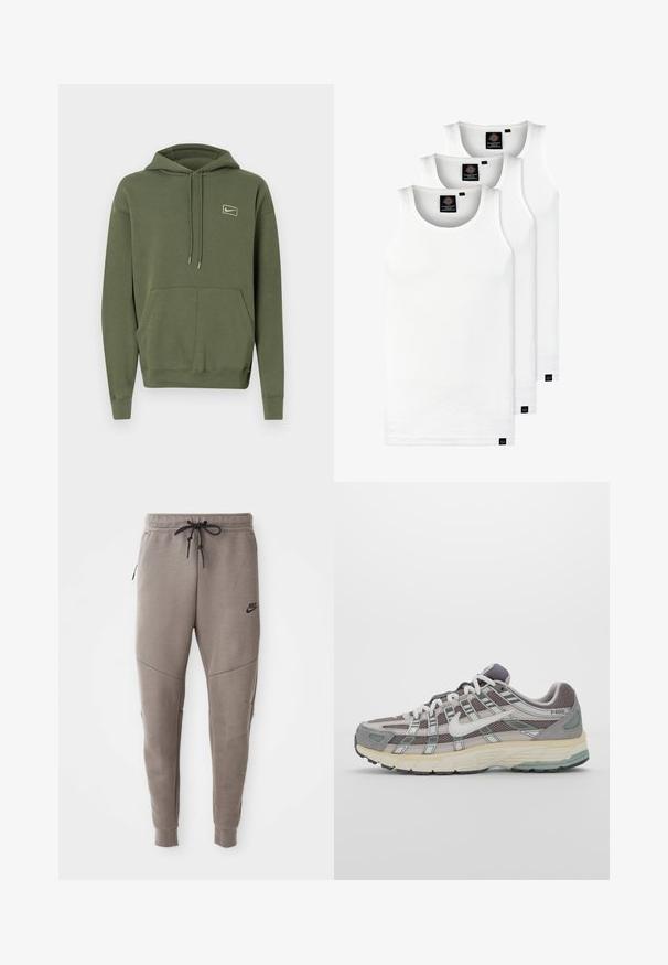 Olivinės spalvos Nike džemperis, pagamintas iš minkštos medžiagos, su priekiniais kengūros tipo kišenėmis, su pavadėlio gobtuvu ir maža logotipu ant krūtinės.; Trys balti, dryžuoti marškiniai be rankovių, pagaminti iš medvilnės. Yra apvalus kaklas ir maži juodi etiketės netoli siūlės. Siūlomi įvairių dydžių.; Pilkos Nike kelnės su raišteliu liemenyje, siaurėjančiomis kojomis, šoninėmis kišenėmis ir išskirtiniais siūlų detalėmis. Minkšta, tekstūruota medžiaga.; Pilkas sportinis batas su tinklu ir zomšos viršutine dalimi, baltomis detalėmis, paminkštintu padu ir išskirtiniu dizainu su atspindinčiais elementais.