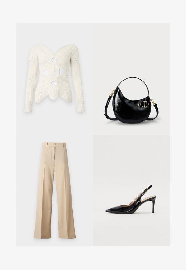 Off-white knitted top featuring long sleeves, textured patterns, cut-out accents, and a distinctive body-hugging shape.; Beige wide-leg trousers made of smooth fabric, featuring a flat front with pleats, a zip fly, and belt loops. Tailored fit overall.; Black patent leather slingback pump with pointed toe, slim heel, and a subtle cutout design. Features a gold buckle on the strap.; Black patent leather handbag with a curved shape, adjustable strap, and gold-tone hardware detail on the side. Smooth, shiny texture.