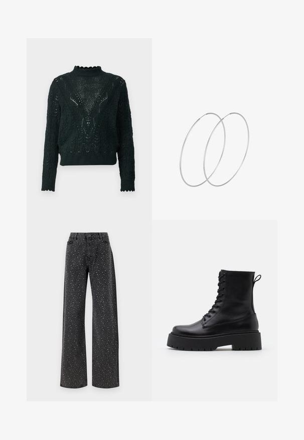 JDY JDYLETTY STRUCTURE - Pulover - scarab; Noisy May NMJANNEL LOOSE - Široke kavbojke - black denim; Črne usnjene gležnjarje z okroglo konico, vezalnim sprednjim delom in debelim gumijastim podplatom z teksturiranim profilom. Zanka na hrbtni strani.; Srebrne uhane v obliki obroča z minimalističnim dizajnom. Krožna oblika, gladka tekstura in tanek profil. Lahki s poliranim zaključkom.