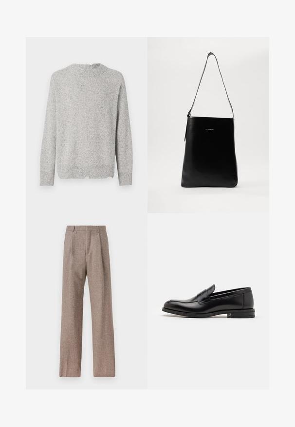 Hall gray kudum on tekstuuriga viimistlusega, ümmargune kaelus ja pikad varrukad. Omab sirget allääri ja peeneid värvimuutusi.; Prunnid, kõrge vöökohaga püksid, mis on valmistatud tekstureeritud kangast. Omavad laiu jalgu ja kahte eesmist voldikut struktuuri jaoks. Korralik viimistlus, ilma nähtava riistvarata.; Mustad mustad nahast loafers sileda tekstuuriga, ümarat ninaosa ja dekoratiivne riba vampi üle. Madal kihiline konts, minimalistlik disain.; Mustast nahast õlakott, millel on sile tekstuur, ristkülikuline kuju ja pikk rihm; keskel on väike valge logo.