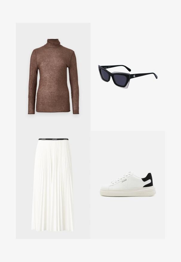 Καφέ μακρυμάνικη μπλούζα με ζιβάγκο σε εφαρμοστή γραμμή, φτιαγμένη από απαλό ύφασμα, με διακριτά μεταλλικά στίγματα σε όλη την επιφάνεια.; Κοντή πλισέ λευκή φούστα με μαύρη ελαστική ζώνη που φέρει το λογότυπο "LACOSTE". Σχεδίαση μεσαίου μήκους με μαλακή υφή.; Λευκά δερμάτινα αθλητικά παπούτσια με χοντρή λευκή σόλα, μαύρη σουέτ λεπτομέρεια στην φτέρνα και ανάγλυφο λογότυπο στο πλάι. Σχέδιο με κορδόνια και έξι θηλιές.; Μαύρα υπερμεγέθη γυαλιά ηλίου με γεωμετρικό σχήμα, διαθέτοντας σκούρους φακούς και αντίθεση γκρίζα λεπτομέρεια στη σκελετό. Λογότυπο στον βραχίονα.