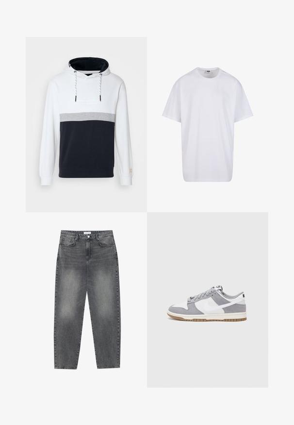 Hoodie med färgblockering i vitt, grått och marinblått. Mjuk bomullsmaterial, med dragsko i huvan och ribbade ärmslut.; Vit bomull t-shirt med korta ärmar, rundad halsringning, avslappnad passform och utan synliga logotyper eller mönster. Slät textur och minimal design.; Högmidjade, löst sittande jeans i blekt svart denim. Inkluderar fem fickor, bälteshällor och en ren, rak ben-design.; Grå och vit sneakers med överdel i mocka och läder, rund tå, platta snören och en gummisula med ett accent i gummi.