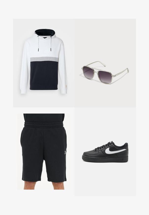 Sweat à capuche avec un coloris en blocs de couleurs blanc, gris et marine. Matière en coton doux, doté d'une capuche avec cordon de serrage et de manches côtelées.; Shorts noirs en tissu doux, dotés d'une taille élastique, de poches latérales et d'un petit logo sur la jambe inférieure.; Baskets Nike Air Force 1 noires avec une tige en cuir lisse, accent de logo blanc, bout perforé et semelle en caoutchouc texturé.; Lunettes de soleil à monture transparente avec une forme carrée et des verres dégradés gris. Des accents argentés fins sur les branches ajoutent une touche de détail.