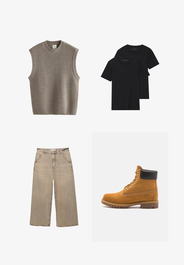 Sleeveless beige knit sweater with ribbed texture, round neckline, and side openings. Fabric appears soft and stretchy.; Two black cotton t-shirts with short sleeves, round necklines, and a smooth texture, displayed stacked together.; PULL&BEAR MEGA BAGGY - Baggy Jeans - light grey; Tan suede ankle boot with black padded collar, gold metal eyelets, white stitching detailing, and rugged rubber sole with pronounced treads.