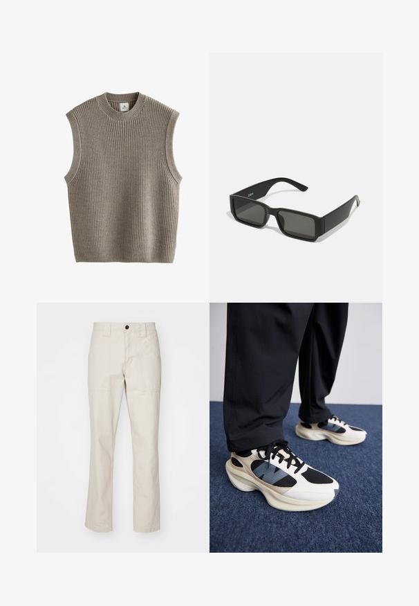 Puli brez rokavov iz bež pletenine z rebrasto teksturo, okroglo ovratnikom in stranskimi odprtinami. Tkanina se zdi mehka in elastična.; Bežna bombažna hlače s pravim nogavicami, ki vključujejo dve sprednji žepi, en gumb zapiranje in vidne šive.; Bela in črna športna obutev z teksturiranimi detajli in modrim poudarkom, z robustnim podplatom in črnimi vezalkami, v kombinaciji s črnimi hlačami.; Črne sončne očala z pravokotnimi lečami, mat plastični okvir in ravne robove. Izdelki imajo logotip blagovne znamke na notranji strani ročaja.
