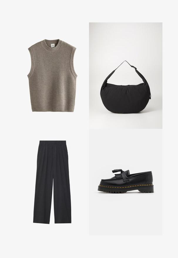 Ärmelloser beigefarbener Strickpullover mit geripptem Muster, rundem Ausschnitt und seitlichen Öffnungen. Der Stoff wirkt weich und dehnbar.; Weit geschnittene Hosen aus dunkelgrauem Stoff. Merkmale sind Falten an der Taille, ein maßgeschneiderter Schnitt und eine gerade Silhouette.; Schwarze Lederloafers mit einem fransenverzierten Akzent, ausgestattet mit einer robusten schwarzen Sohle und gelber Naht entlang der Kante. Texturierte Oberfläche.; Schwarze Schultertasche aus Stoff mit geschwungener Form, ausgestattet mit einem einzigen Tragegurt und einem Reißverschluss. Weiche Textur, minimalistisches Design.