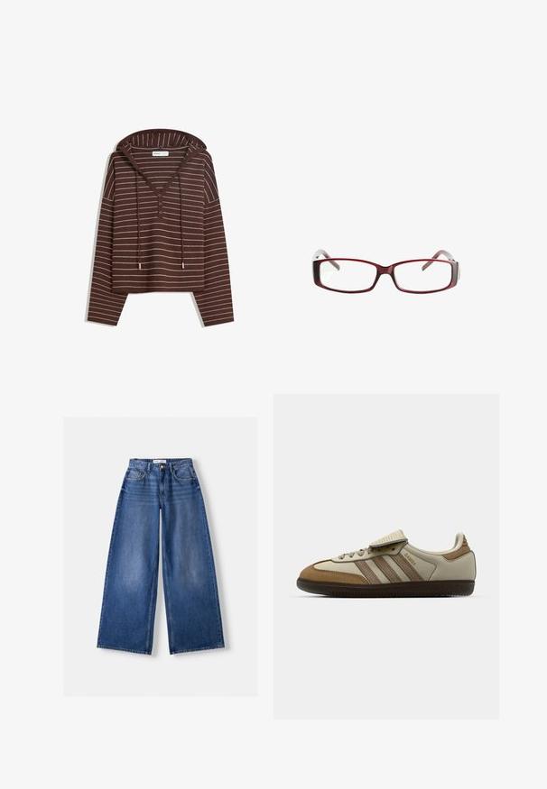Maglione a maniche lunghe marrone con cappuccio, a righe orizzontali bianche, scollatura a V con tre bottoni e cordini sul cappuccio, etichettato Bershka.; Stradivarius Top - light yellow; Bershka WIDE-LEG - Wide Leg - dark blue; Scarpa da ginnastica marrone e crema con tre strisce beige, materiali in pelle scamosciata e pelle, design con lacci e suola in gomma. Logo testuale sul lato.; Occhiali da sole rettangolari rossi con un design elegante. Lenti chiare, steli leggermente traslucidi e un effetto sfumato dal rosso al grigio.