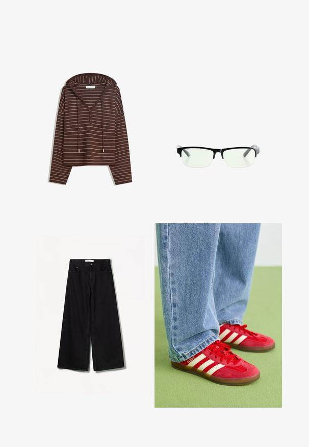 Rjav kapuco z dolgimi rokavi, belimi vodoravnimi črtami, V-izrezom s tremi gumbi in vrvicami na kapuci, označena z Bershka.; Bershka WIDE-LEG - Široke hlačnice - black; Rdeče semiš tene z tremi belimi črtami, okrogla konica in teksturiran podplat, v kombinaciji s svetlo modrimi kavbojkami na zeleni podlagi.; Črne pravokotne očala z prozornimi lečami, ki imajo elegantne črne okvirje in siva prozorna ročaja. Minimalistična zasnova, brez vidne blagovne znamke.