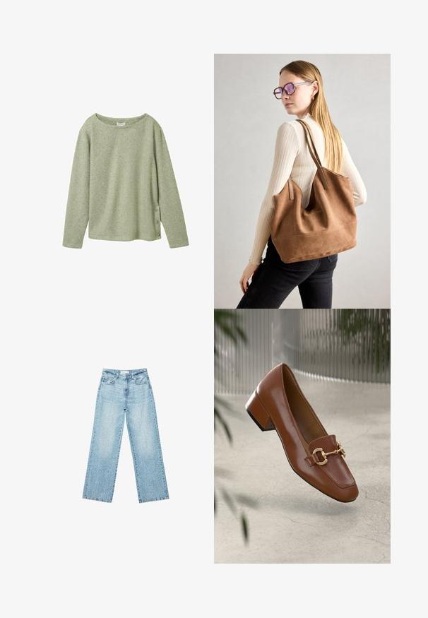 Maglietta a maniche lunghe verde chiaro a coste con scollatura ampia e tre bottoni decorativi sul lato sinistro. Tessuto morbido e vestibilità comoda.; Jeans larghi in denim blu chiaro a vita alta, caratterizzati da un lavaggio sbiadito e da piccoli dettagli strappati sparsi.; Mocassino in pelle verniciata marrone con punta quadrata, accentato da catena metallica e tacco basso; texture liscia, design minimalista.; Borsa a tracolla in suede marrone con texture morbida, ampia apertura e lunghe cinghie. Caratterizzata da un design semplice con cuciture visibili e senza accessori.