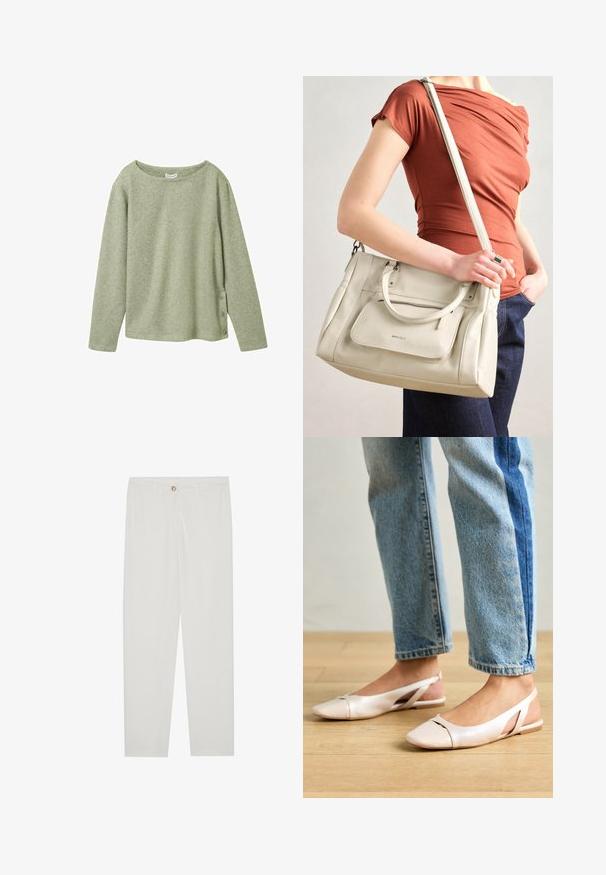 Light green ribbed long-sleeve top with a wide neckline and three button accents on the left side. Soft texture and relaxed fit.; White, tailored trousers with a straight leg design, featuring a button closure, belt loops, and side pockets; smooth fabric texture.; Pale pink slingback flats with a pointed toe, made from a smooth leather-like material. Features cut-out details at the sides and a flat heel.; White leather handbag with dual handles and a detachable strap, featuring a front zip pocket and smooth texture. Carrying on a person's arm.