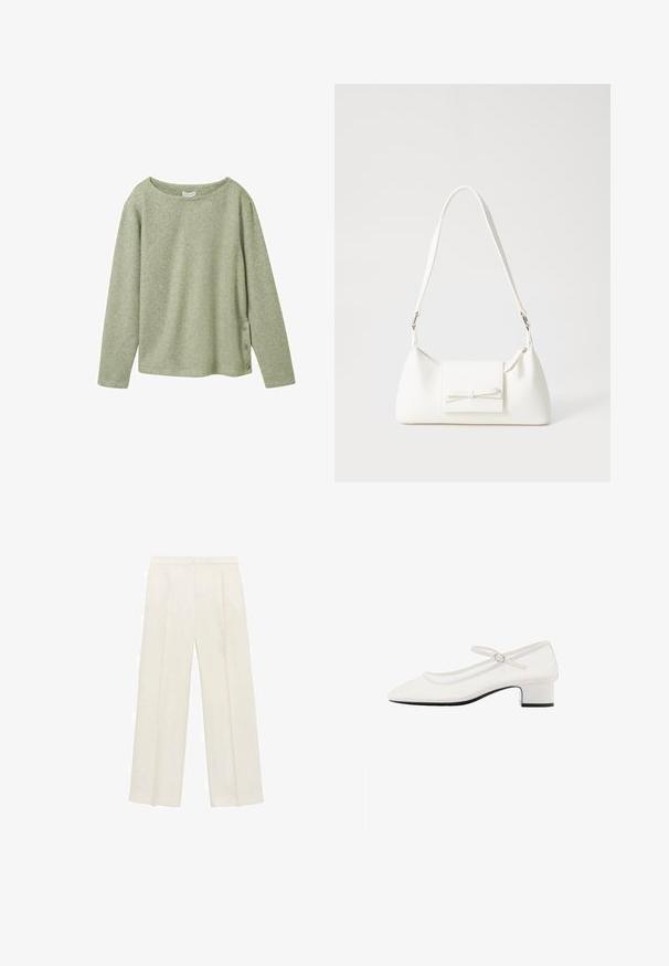 Lichtgroen geribbelde langemouwen top met een brede halslijn en drie knoopaccenten aan de linkerkant. Zachte textuur en een ontspannen fit.; Wijdgevallen broeken in een lichtcrème kleur. Gemaakt van een zachte stof met plooien aan de voorkant en zijzakken.; Witte patenten leren Mary Jane-schoen met een ronde neus, een middelhoge chunky hak en een verstelbare band met een zilveren gesp.; Witte synthetische handtas met een driehoekige vorm, platte voorklep en strikdetail, verstelbare schouderriem, gladde textuur en minimalistisch ontwerp.
