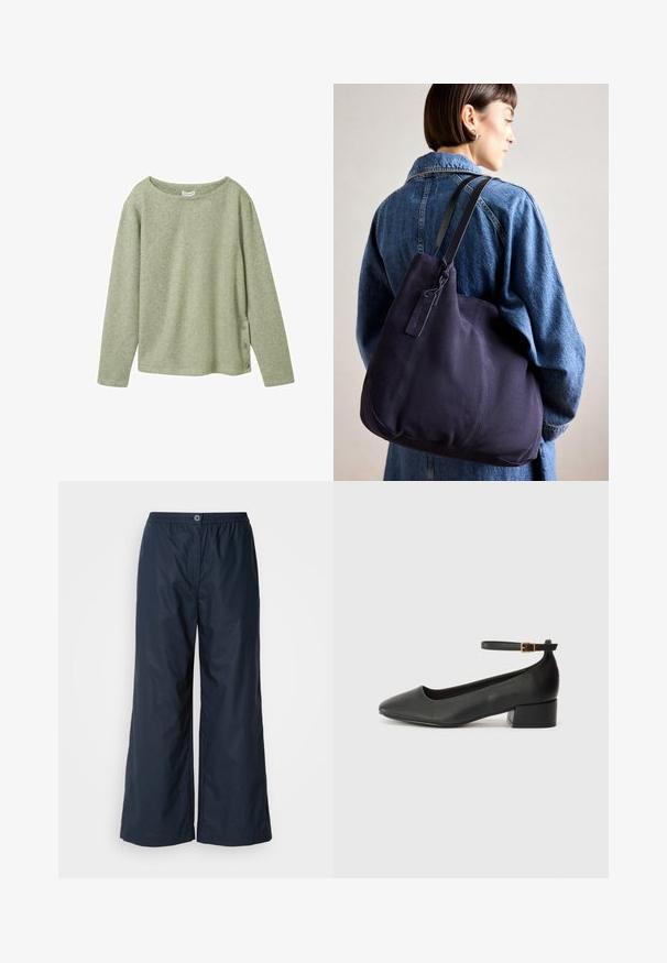 Hellgrünes, geripptes Langarmoberteil mit weitem Ausschnitt und drei Knopfakzenten auf der linken Seite. Weicher Stoff und lockere Passform.; Marineblaue weite Hosen aus leichtem Stoff. Verfügt über einen elastischen Bund und einen vorderen Knopfverschluss. Glatte Textur, minimalistisches Design.; Schwarze Lederpumps mit spitzem Zehenbereich und niedrigem Blockabsatz. Mit einem Knöchelriemen und einer goldfarbenen Schnalle. Glatte Textur.; Marinefarbene Leinenschultertasche mit weicher, strukturierter Form, ausgestattet mit einem schwarzen Riemen, genähten Details und einem kleinen Markenschild.