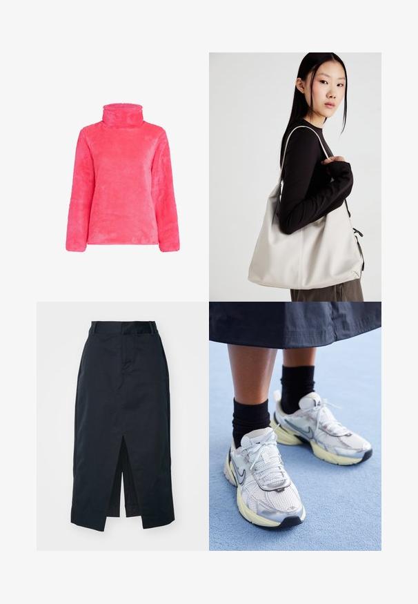 Pehmeä vaaleanpunainen neulepaita, jossa on korkea kaulus ja pitkät hihat. Pehmeä pinta, joka on hieman ylisuurta mitoitusta, esittelee sileän ja tasaisen pinnan.; Tummansininen midi-hame, joka on valmistettu puuvillasekoitteesta, ja jossa on edessä halkio, piilovetoketju ja sivutaskut toimivuutta varten.; Valkoiset ja hopeiset Nike-lenkkarit, joissa on verkkomateriaalia, heijastavia yksityiskohtia ja beige pohja. Käytetään mustien sukkien kanssa, seisten sinisellä pinnalla.; Beige laukku, joka on valmistettu pehmeästä materiaalista, ja siinä on rento muotoilu, ommeltu yksityiskohtia ja kaksi olkahihnaa. Sopii päivittäiseen käyttöön.