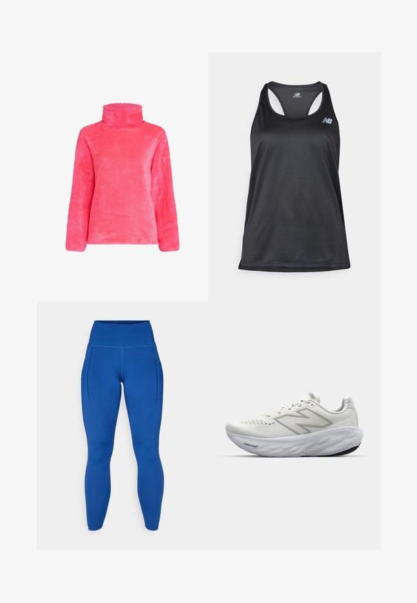 Puhast roza pulover z visokim ovratnikom in dolgimi rokavi. Mehka tekstura z rahlo čezmerno velikostjo, ki prikazuje gladko in enakomerno površino.; Črn atletski top iz lahkega materiala, s hrbtnim delom v obliki dirkača, ravnimi šivi in sivo New Balance logo na zgornji levi strani.; New Balance SLEEK POCKET HIGH RISE LEGGING - Tekaške pajkice - galaxy blue; Bele atletske čevlje z mrežastim zgornjim delom, ki imajo oblazinjen ovratnik, teksturiran podplat in logo "Fresh Foam" na srednjem podplatu.
