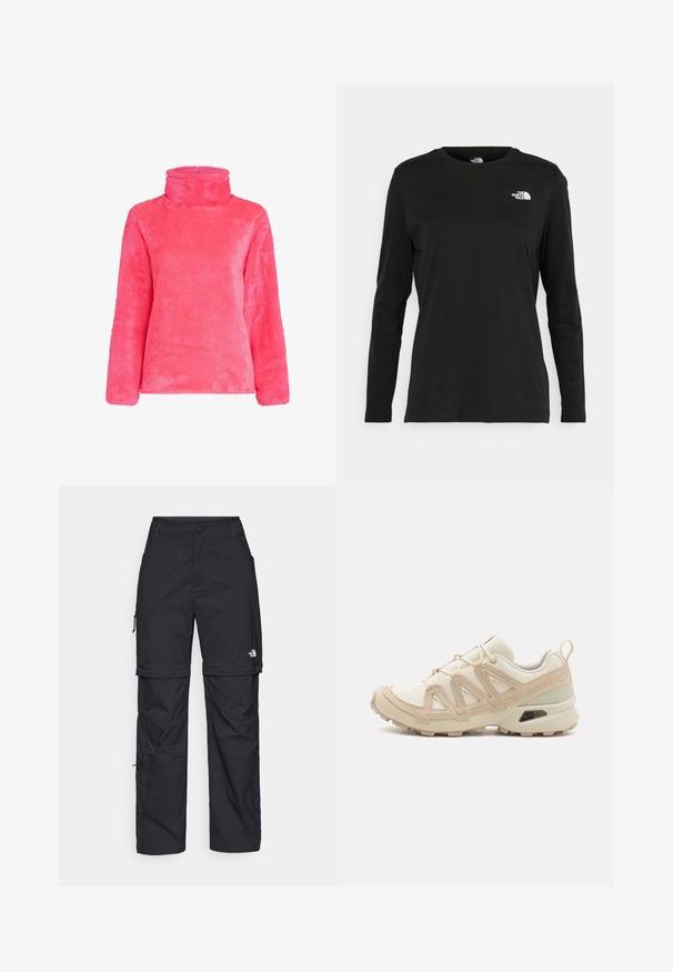 Pehmeä vaaleanpunainen neulepaita, jossa on korkea kaulus ja pitkät hihat. Pehmeä pinta, joka on hieman ylisuurta mitoitusta, esittelee sileän ja tasaisen pinnan.; Musta pitkähihaisen t-paita, joka on valmistettu puuvillasta ja jossa on pyöreä kaula-aukko. Vasemmassa rinnassa on pieni valkoinen logo. Yksinkertainen muotoilu ja istuvuus.; Mustat nailonista valmistetut irrotettavat cargo-housut säädettävillä lahkeilla, useilla taskuilla ja logolla oikeassa jalassa. Liukas, kevyt rakenne.; Beige ja kreemi värvi sportlikud jalanõud, millel on tekstiilne mesh ülemine osa, toetavad ülekatted ja kummist tald, millel on mustripattern haardeks.