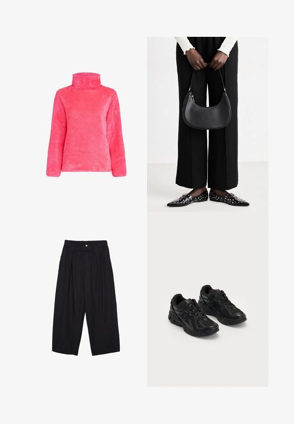 Hladký ružový pulóver s vysokým golierom a dlhými rukávmi. Mäkká textúra s mierne oversized strihom, ktorá ukazuje hladký a rovnomerný povrch.; Čierne polyesterové culotte nohavice s elastickým pásom, dvoma prednými záhybmi a voľným strihom. Žiadne viditeľné vzory ani detaily z kovu.; Čierne atletické topánky vyrobené z mešových a syntetických materiálov. Obsahujú vystlanú podrážku, textúrované vzory a embosované logo na boku.; Čierna kožená taška cez rameno s oblejším tvarom, lesklým povrchom a striebornými kovovými doplnkami. Osoba oblečená v čiernych nohaviciach s širokými nohavicami a ozdobených mokasínach.