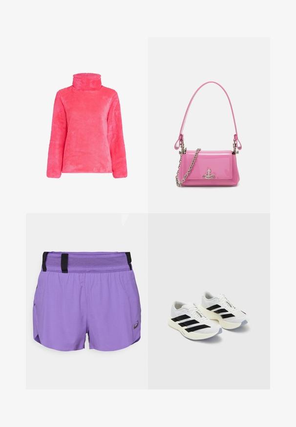 Flauschiger rosa Pullover mit hohem Kragen und langen Ärmeln. Weiche Textur mit einem leicht übergroßen Schnitt, der eine glatte, gleichmäßige Oberfläche präsentiert.; ASICS METARUN SPLIT SHORT - Kurze Sporthose - edo purple; Weiße Sportschuhe mit schwarzen Streifen und Branding, ausgestattet mit einem oberen Mesh, abgerundeter Zehenpartie und dicke cremefarbene Sohle für Dämpfung.; Rosa lackierte Handtasche mit rechteckiger Form, abnehmbarer Kettenriemen und silbernen Hardware-Details auf der Vorderseite.
