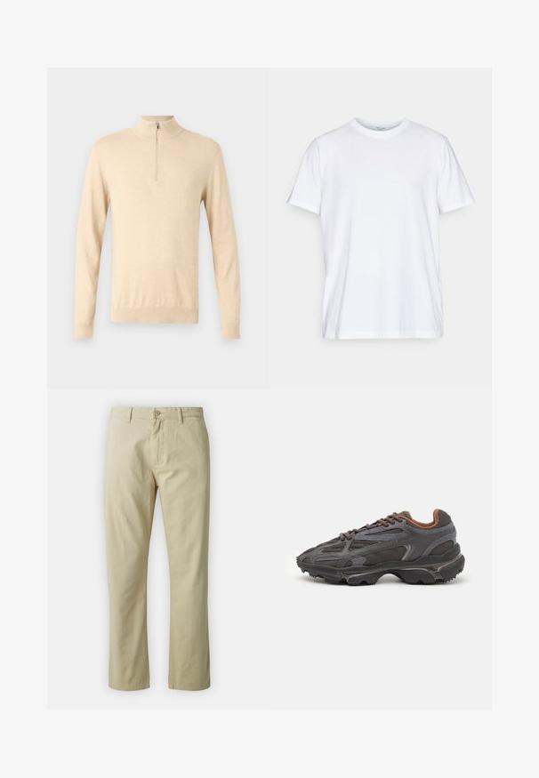 Bežna dolg rokav pulover z zadrgo in visokim ovratnikom, narejen iz mehkega materiala. Ima minimalističen dizajn in oprijetke na zapestjih.; Bela bombažna majica s kratkimi rokavi, okroglo ovratnico in sproščenim krojem. Ima minimalističen dizajn, brez vzorcev ali dodatkov.; Bež bombažne hlače s ravnim krojem, sprednjim gumbom in zankami za pas. Gladka tekstura, brez vidnih vzorcev ali akcentov.; Lacoste teniske v temno sivi barvi z mrežasto in sintetično prevleko, s teksturiranim podplatom in rjavimi detajli na ovratniku ter blagovni znamki.