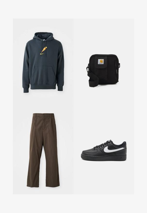 Felpa con cappuccio in morbido misto cotone grigio scuro, caratterizzata da un logo grafico rosso e giallo sulla parte anteriore, tasca a marsupio e polsini a costine.; Pantaloni marroni a gamba larga in cotone con chiusura anteriore a bottoni, passanti per la cintura e una superficie liscia e opaca.; Sneaker Nike Air Force 1 nere con tomaia in pelle liscia, accentuato da un logo bianco, punta perforata e suola in gomma testurizzata.; Borsa a tracolla nera con un compartimento principale con zip, tasca frontale, tracolla regolabile e una patch del logo visibile sul risvolto.