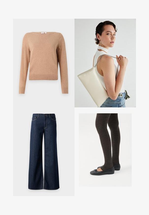 Beige genser med lang arm og rund hals, med ribbestrikket kant og mansjetter, vist på en enkel lyse bakgrunn.; Vide benbukser i mørkeblå denim. Har kontrastsøm, fem lommer og en knaplukning i taljen. Glat tekstur.; Sorte flate sko med en liten sløyfedetalj på tåen, kombinert med mørkebrune ribbede strømpebukser. Skoene har en glatt overflate og lav profil.; Hvit rektangulær clutch-veske laget av blankt materiale, med en sølvkjede-stropp. Modellen poserer og viser vesken mot en ensfarget bakgrunn.