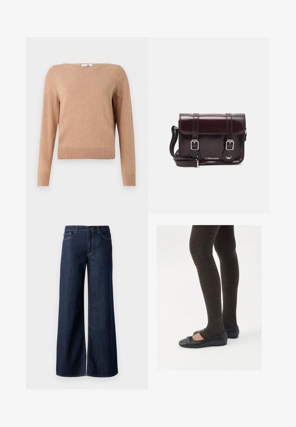 Beige pitkähihaisen pyöreäkauluksisen neuleen, jossa on ribbineuleinen helma ja hihansuut, esiteltynä yksinkertaisella vaalealla taustalla.; Suorat lahkeet farkut tummansinisestä denimmistä. Ominaisuuksiin kuuluvat kontrastiväriset ompeleet, viisi taskua ja nappisuljenta vyötäröllä. Sileä pinta.; Mustat matalat kengät, joissa on pieni nauha varpaissa, yhdistettynä tummanruskeisiin ribattuisiin sukkahousuihin. Kengissä on sileä pinta ja matala profiili.; Burgundin värinen lakattu nahkainen olkapussukka, jossa on suorakulmainen muoto, kaksi hihnaa, hopeiset yksityiskohdat ja läppäkiinnitys.