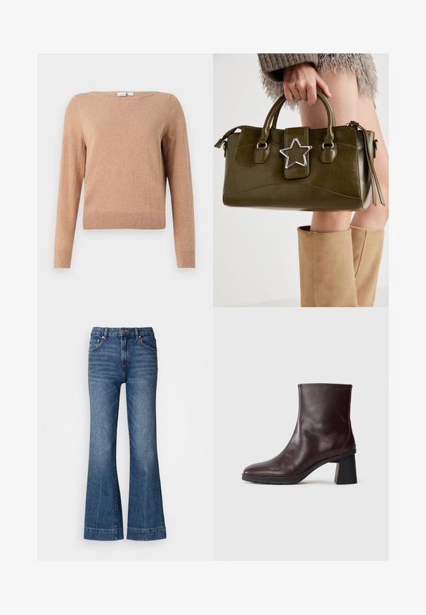 Beige Langarm-Pullover mit Rundhalsausschnitt, geripptem Saum und Bündchen, auf einem schlichten hellen Hintergrund präsentiert.; Ausgestellte Jeans aus Denim in Dunkelblau. Mit fünf Taschen, Gürtelschlaufen und orangefarbenen Nähten. Glatte Textur mit klassischem Schnitt.; Dunkelbraune Lederstiefelette mit Blockabsatz und runder Zehenpartie, präsentiert auf einem schlichten hellgrauen Hintergrund.; Olivgrünes Kunstlederhandtasche mit silbernem Sternakzent, doppelten Griffen und einem Reißverschluss. Strukturierten Form und texturierten Oberfläche.