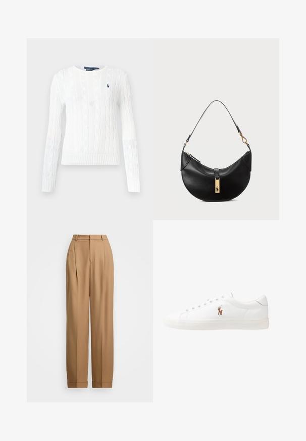 Biały sweter z dzianiny w warkocze, okrągły dekolt, długie rękawy, ściągacz na dole. Posiada małe granatowe logo na klatce piersiowej oraz teksturowany wzór na całej powierzchni.; Jasnoniebieska koszula z długim rękawem, zapinana na guziki, z białym kontrastującym kołnierzykiem. Posiada gładką teksturę i pięć guzików z przodu.; Beżowe spodnie o dopasowanym kroju z wysokim stanem, plisowanym przodem, zwężanymi nogawkami i podwiniętymi mankietami. Gładki materiał o subtelnej fakturze.; Białe skórzane sneakersy, niskoprofilowy design, charakteryzujące się gładką fakturą, okrągłym noskiem, sznurowanym przodem i małym haftowanym logo z boku.; Czarna skórzana torebka w kształcie półksiężyca. Ma złote akcenty i wąski pasek. Gładka tekstura, zamek błyskawiczny na górze.