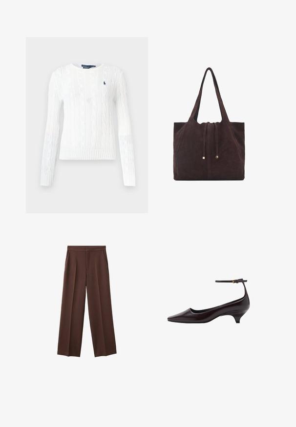 Bílý svetr s pleteným vzorem, kulatý výstřih, dlouhé rukávy, žebrovaný lem. Obsahuje malé námořnické logo na hrudi, s texturovaným vzorem po celém povrchu.; Hnědé kalhoty širokého střihu s hladkým povrchem, které mají dvě boční kapsy a sklady vpředu pro uvolněný střih.; Tmavě hnědá kožená botička na drobném podpatku s špičatou špičkou, tenkým kotníkovým páskem a malou zlatou přezkou.; Mango Velká kabelka - dark brown