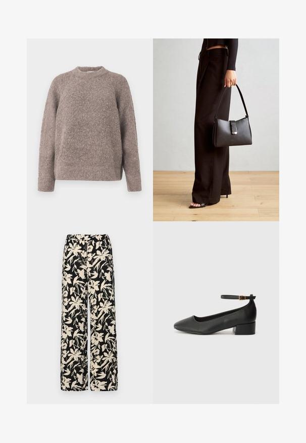 Light brown, textured sweater with a round neckline and long sleeves, crafted from a soft, fuzzy material, featuring a relaxed fit.; Black short-sleeve top made of smooth material, featuring a peplum design and a belted waist with two round, silver-tone buttons.; Black wide-leg pants with a cream floral pattern. Made of lightweight fabric, featuring a smooth texture and a high waistband.; Black leather pump with a pointed toe and a low block heel. Features an ankle strap with a gold-tone buckle. Smooth texture.; Black handbag with structured shape, smooth texture, and a metallic clasp. Paired with wide black pants and open-toe sandals on wooden floor.