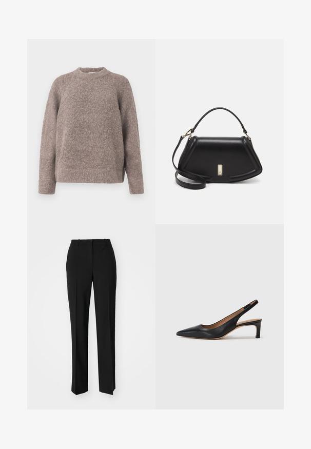 Pull en brun clair, texturé, avec un col rond et des manches longues, confectionné dans un matériau doux et duveteux, présentant une coupe décontractée.; Pantalon noir ajusté avec une coupe droite, présentant une texture lisse et des plis nets sur le devant. Aucune quincaillerie visible.; Escarpin slingback en cuir noir avec un bout pointu, un petit talon et une texture lisse. Doté d'une fine sangle réglable pour un ajustement sécurisé.; Sac à main en cuir noir avec un design structuré, featuring une forme cropped, une poignée supérieure et des accents en matériel doré. Bandoulière réglable incluse.