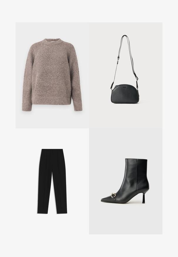 Maglione di un marrone chiaro, con texture, presenta un collo rotondo e maniche lunghe, realizzato in un materiale morbido e peloso, con una vestibilità comoda.; Pantaloni neri a taglio dritto, con doppie pieghe, una texture liscia e un design classico in vita. Nessun hardware o dettaglio visibile.; Stivale alla caviglia in pelle nera con punta affusolata, tacco sottile di media altezza e dettaglio in fibbia argentata sul lato, su sfondo semplice.; Borsa a tracolla in pelle nera di forma arrotondata, con due cinturini regolabili e un logo sottile sulla parte anteriore. Esterno testurizzato, design minimalista.